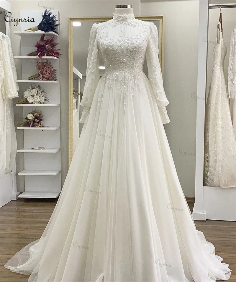 Elegante vestido de novia de encaje con cuentas color marfil, manga larga, corte en A, vestido de novia de tul con cola larga, vestido de novia musulmán