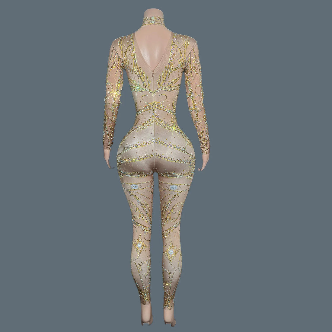 GOLD Rhinestones Spandex Bodycon Long Sleeved Jumpsuit Birthday Party Celebrate Bars Show Wear Women Dance Leggings Jinfenghuang