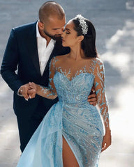 Luxurious Sexy Evening Dresses Full Sleeve Side Train Mermaid Prom Dress Sky Blue High Neck Formal Party Gowns