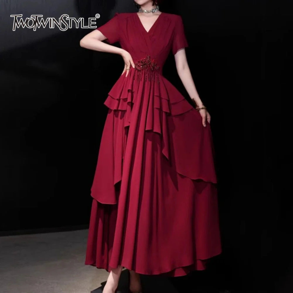 Solid Slimming Spliced Bead Dresses for Women V Neck Short Sleeves Patchwork Ruffles Folds Dress Female Clothes New