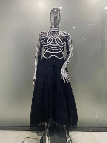 2024 New Autumn Women Long Sleeve Sexy Beading Crystal Ball Gown Long Dress Celebrate Fashion Red Carpet Celebrity Dress Vestido