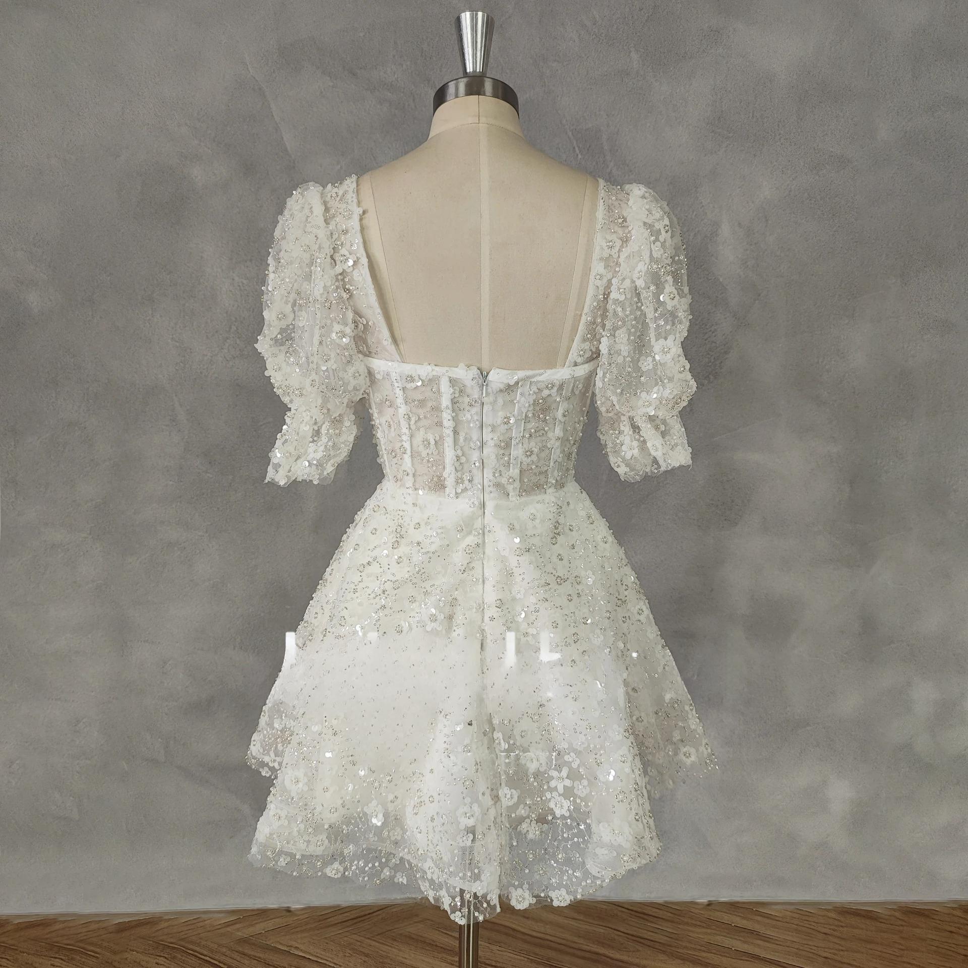 Maniche a sbuffi APPLICA DELLA MINI APPLICARE MINI Abito da sposa per donne A-Line Zipper Back corto sopra il ginocchio personalizzato Made