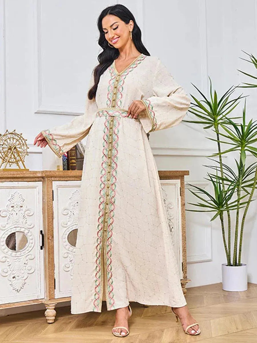 Fashion Elegant Embroidery Tape Trim Muslim Long Dress For Women Belted Clothing Marocain Turkish Abaya Apricot Dress