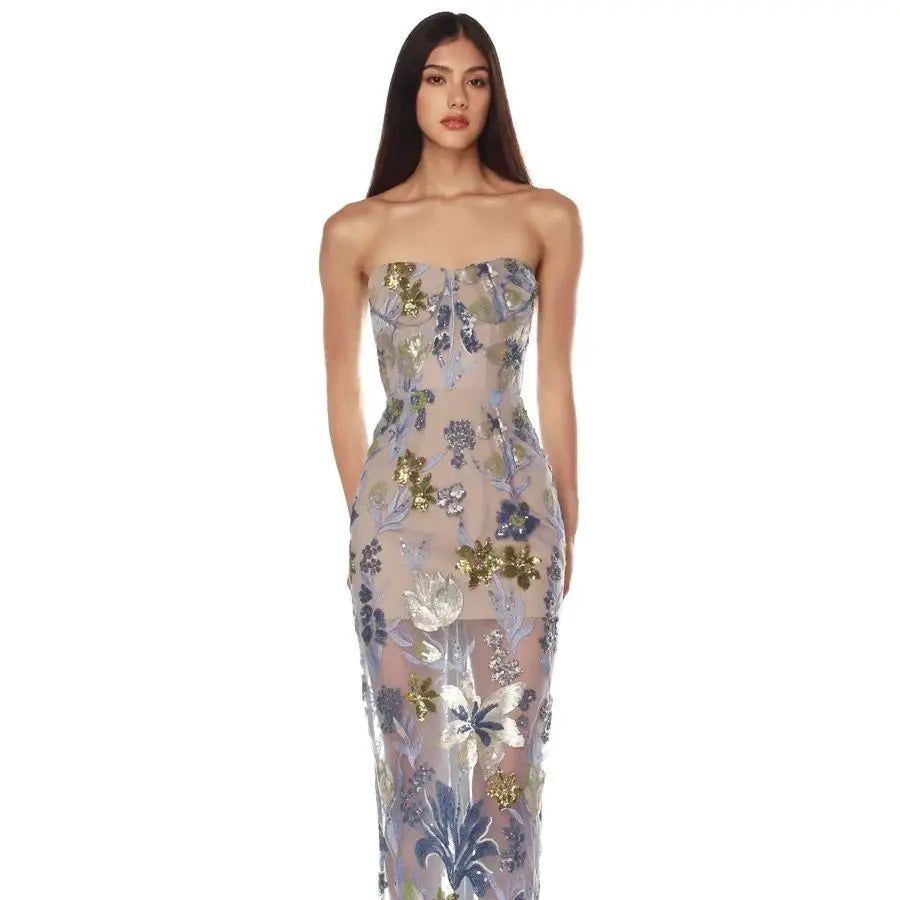Sequin Flower Embroidery Sexy Mesh See Through Strapless Ankle Length Dress Woman Evening Party Dress Celebrity Cocktail Vestido