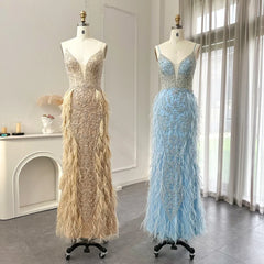 Luxury Feathers Mermaid Champagne Evening Dresses for Women Wedding Spaghetti Straps Blue Prom Formal Gowns