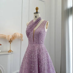 Luxury Beaded Dubai Lilac Evening Dresses for Women Wedding Party Elegant Long Arabic Prom Formal Gowns