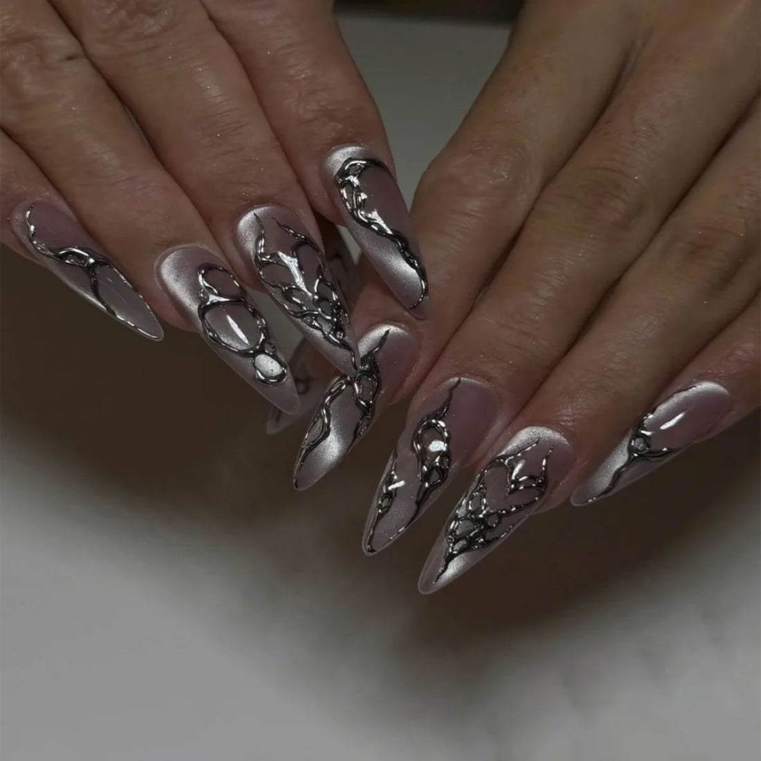 24pcs Long Stiletto Press on Nails Gradient Blue Full Cover Wearable Almond False Nails with Bow Rippled Design Fake Nail Sets