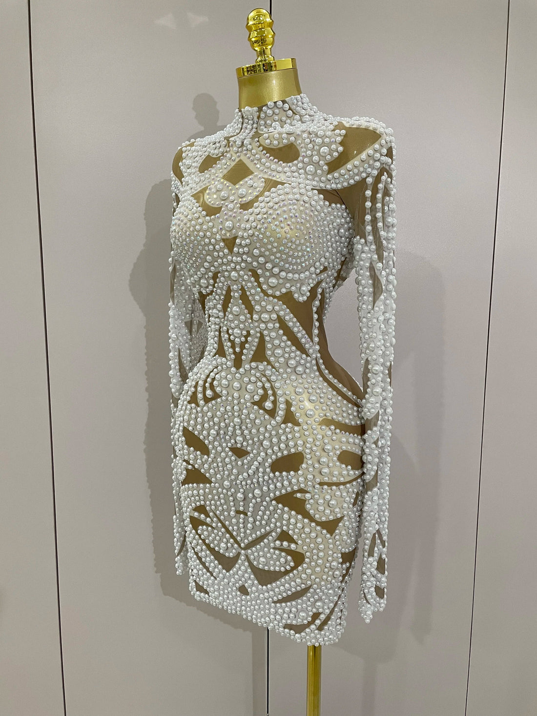 New High-end Elegant Evening Gown AB Rhinestones Pearls Luxury Long Sleeves Mesh Dress Women Cocktail party Wedding Costume