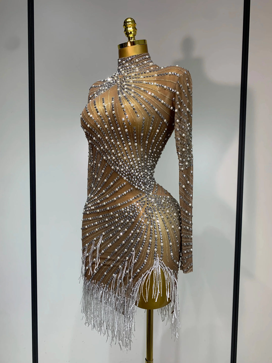 Luxury Rhinestone Tight Short Dress Women Long Sleeve Evening Party Prom Gown Birthdy Nightclub Performance Costume Stage Outfit