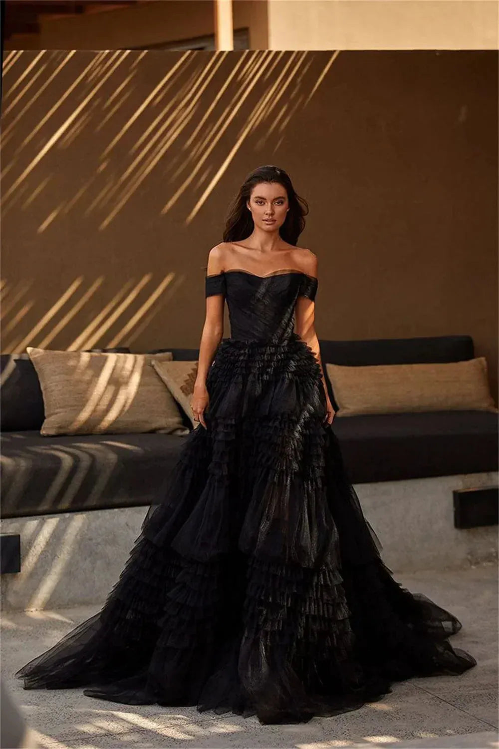 Multilayer Robe Sexy Off Shoulder Prom Dress Black Multilayer فستان حفلات الزفاف Luxury ...