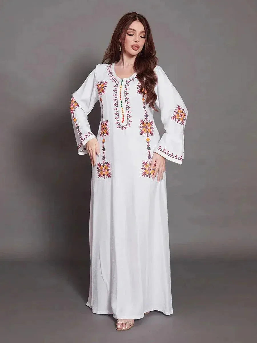 Arabic Dress For Women Moroccan Dubai Africano Abaya Solid Embroidery Full Sleeve Loose Ramadan Muslim Femme Robe White Dress