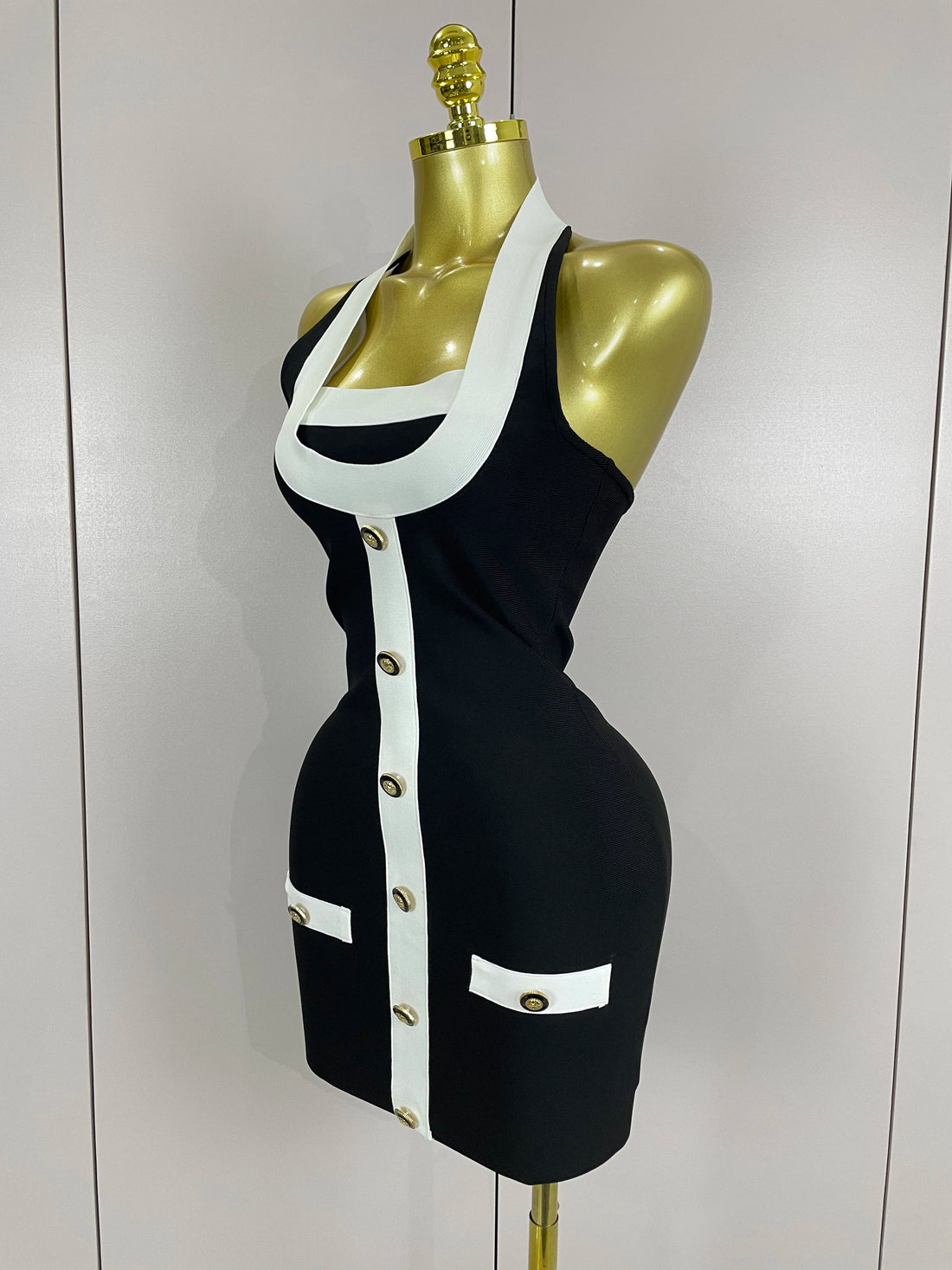 Sexy Backless Halter Button Bodycon Black Mini Bandage Dress  Women Celebrity Elegant Evening Club Party Outfit