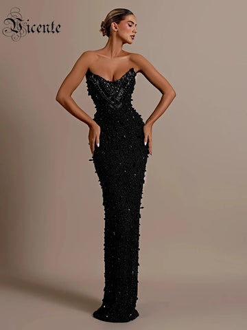 VC Stunning Strapless Sleeveless Black Crystal Sequin Dress Luxury Party Evening Gown