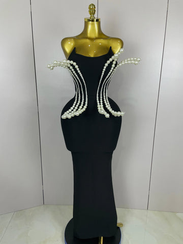 New Sexy Strapless Pearl Beading Bodycon Long Bandage Dress  Women Fashion Elegant Evening Party Luxury Birthday Dresses
