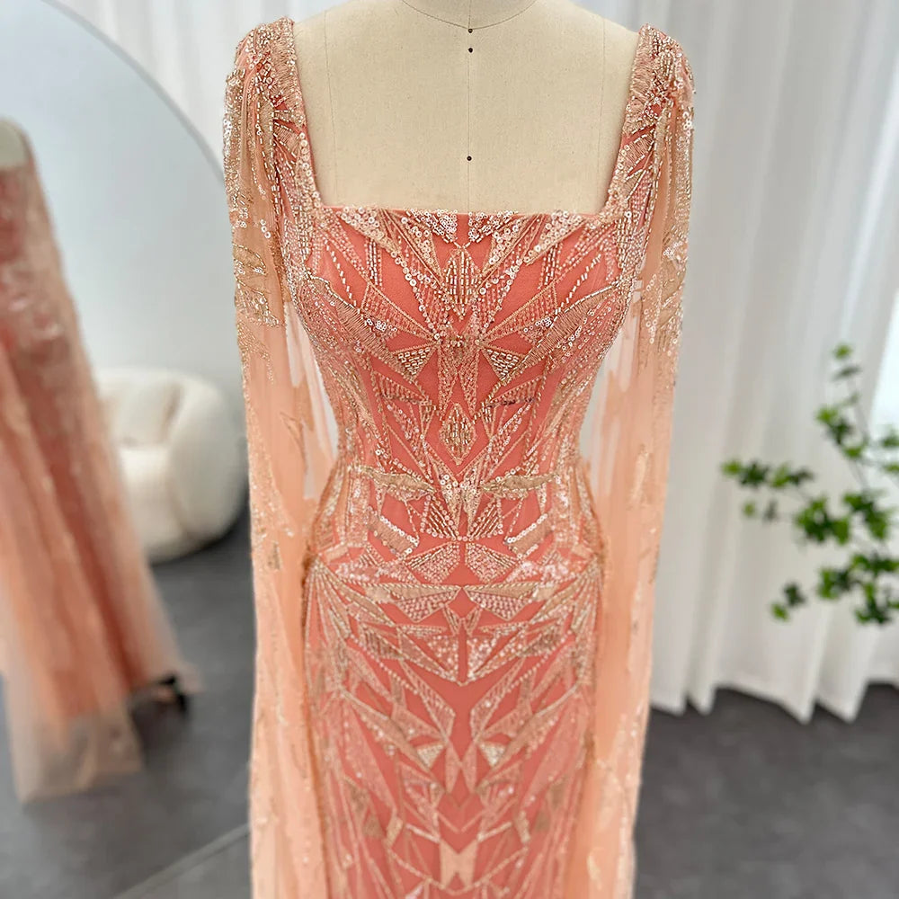 Saudi Arabic Nude Pink Luxury Dubai Evening Dresses with Cape Sleeves Square Collar Women Wedding Party Gowns