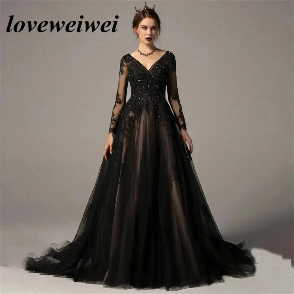 Gothic Black Prom Dresses Sexy Backless A-line Evening Dress Lace V Neck Formal Party Gowns Long Sleeves Tulle Robe De Soirée As Picture