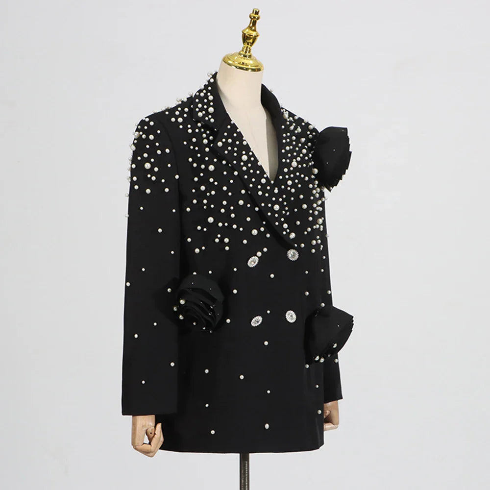 Solid Loose Spliced Appliques Elegant Jackets for Women Lapel Long Sleeves Patchwork Bead Luxurious Jacket Female