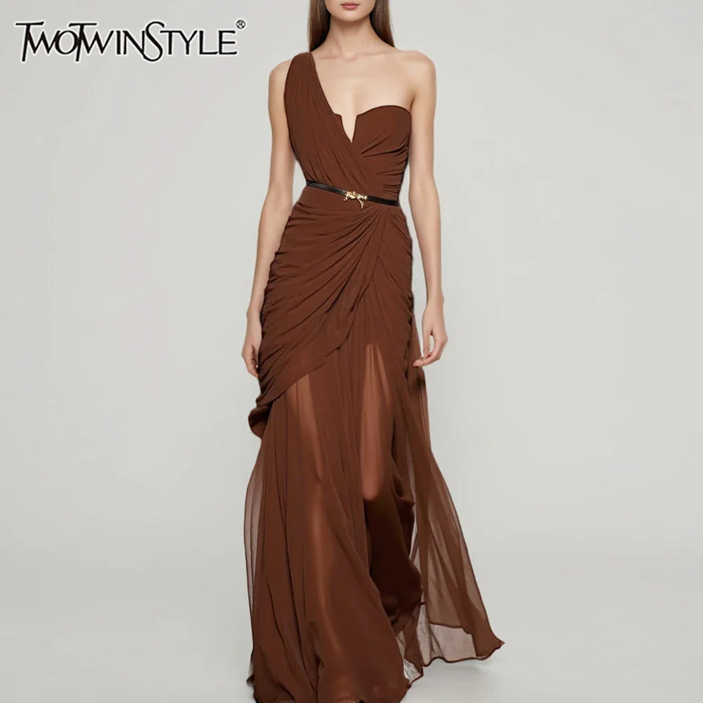 Solid Slimming Sheer Dresses for Women Diagonal Collar Sleeveless Patchwork Folds Irregular Dress Female Clothing