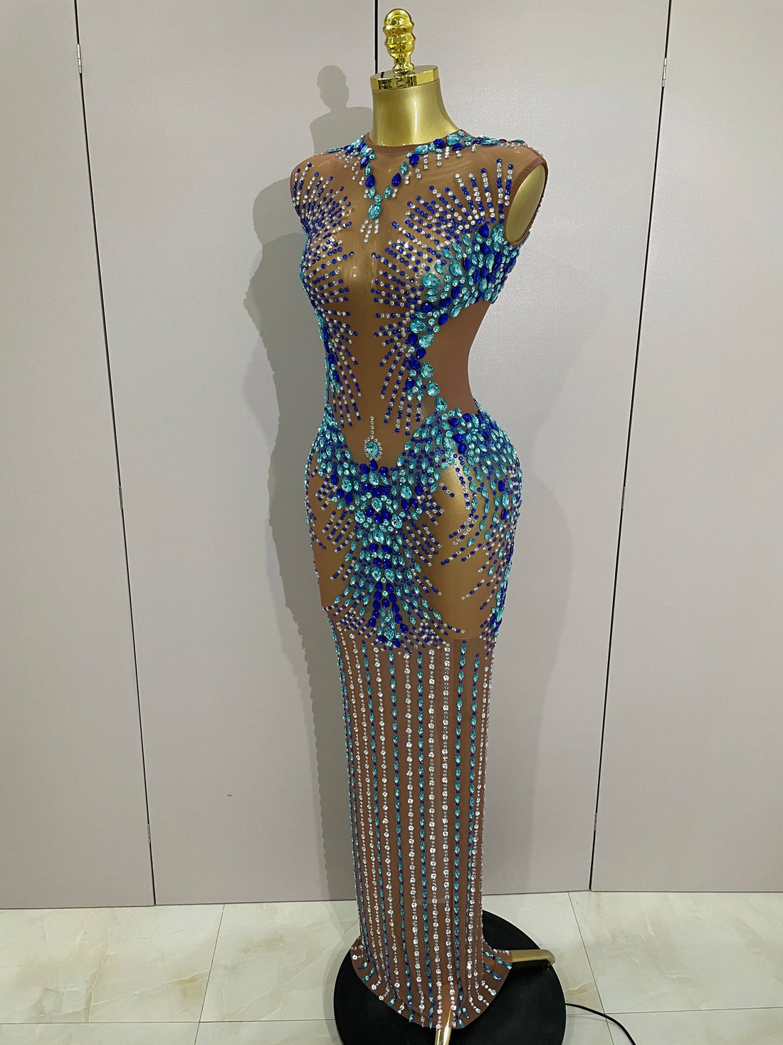 Luxury Sparkly Rhinestones Nude Sexy Mesh Maxi Dress 2025Women Evening Birthday Party Elegant Gown Show Red carpet Stage Costume