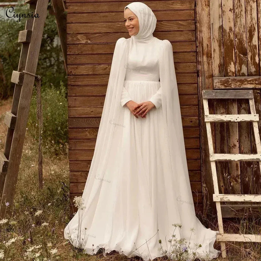 Ivory Chiffon Muslim Hijab Wedding Dresses with Cape A-Line Dubai Bridal Gowns For Women Bride Robe De Mariée White