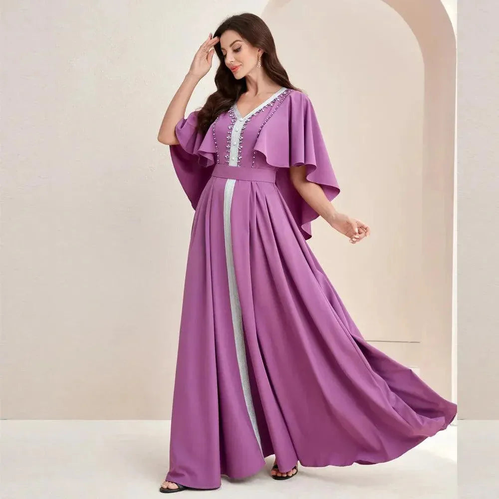 Abaya for Women Ramadan Gurban Purple Long Dress Fashion Autumn New Muscle Beaded Cape High Waist Dress Middle East Abaya