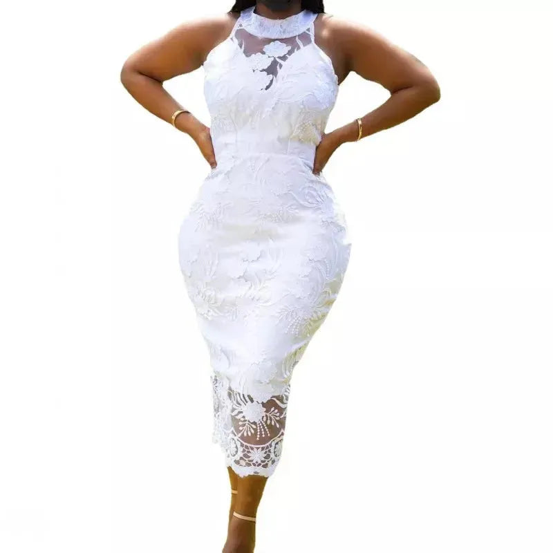 Dashiki African Boho Floral Print Lace Dress Slim Spring Autumn Sexy Cut Out Midi Dresses Women Africa Party Office Midi Vestido WHITE