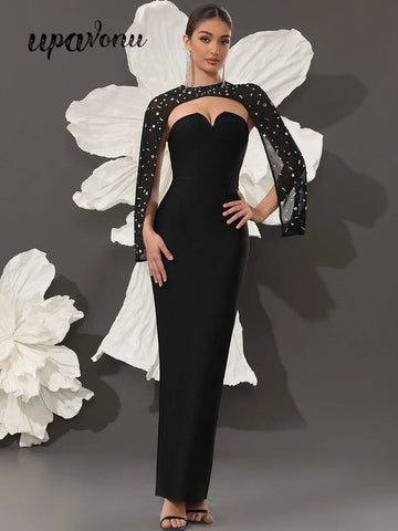 2025 Sexy Women's Light Luxury Nail Bead Shawl+Strapless Sleeveless Bandage Dress Set Fashion Bodycon Long Dress Party Vestidos