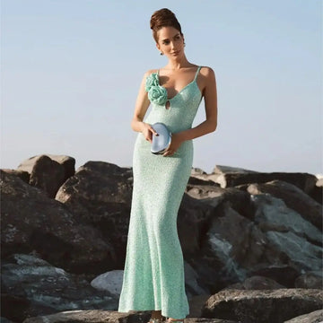 2024 Summer Mint Green Sequins Spaghetti Strap Ankle Length Dress Graceful Woman Evening Party Dress Holiday Vocation Outfit