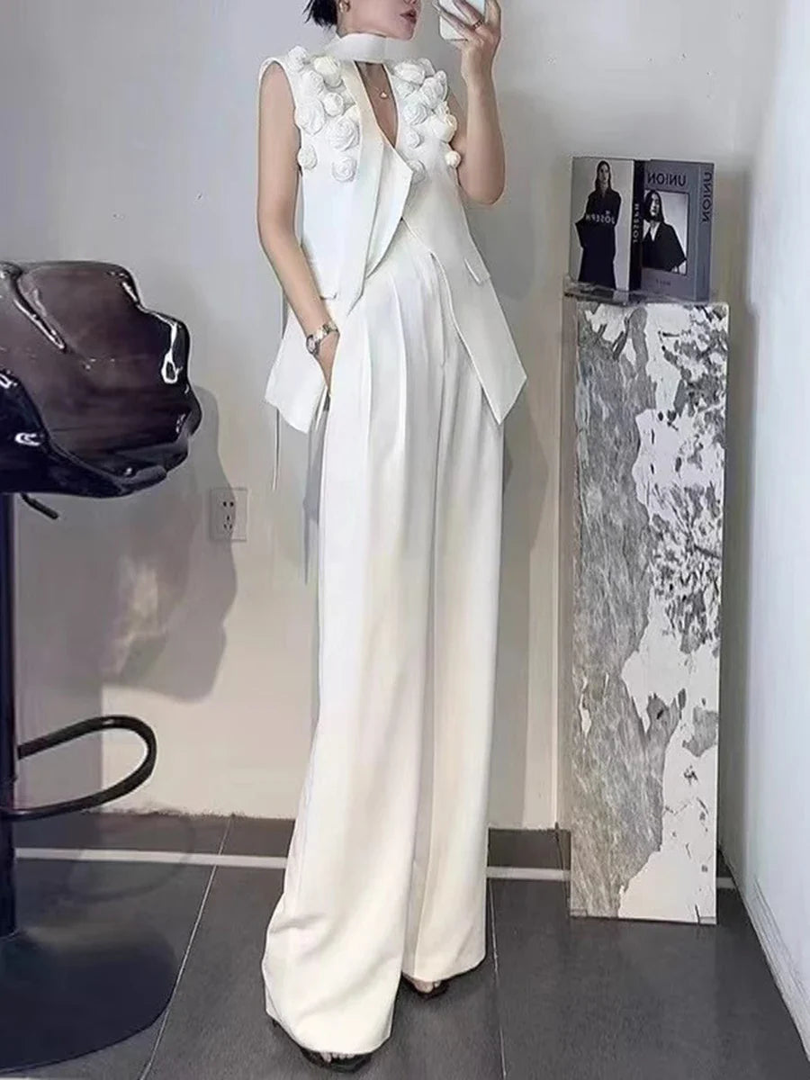 Solid Spliced Applique Two Piece Sets for Women V Neck Sleeveless Patchwork Lace Up Top High Waist Skirt Set Female