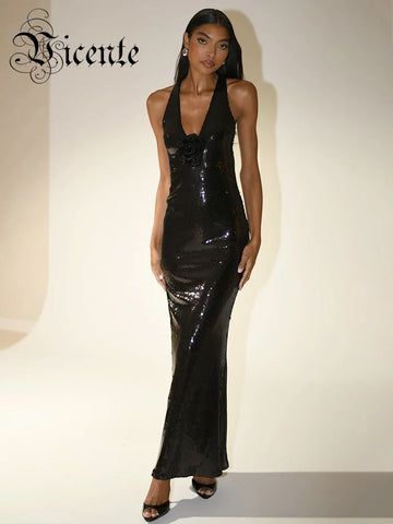 VC 2024 Summer Women'S Dress Black Sequins Tight Sexy V-Neck Sleeveless Backless Catwalk Party Long Gowns With 3D Flower
