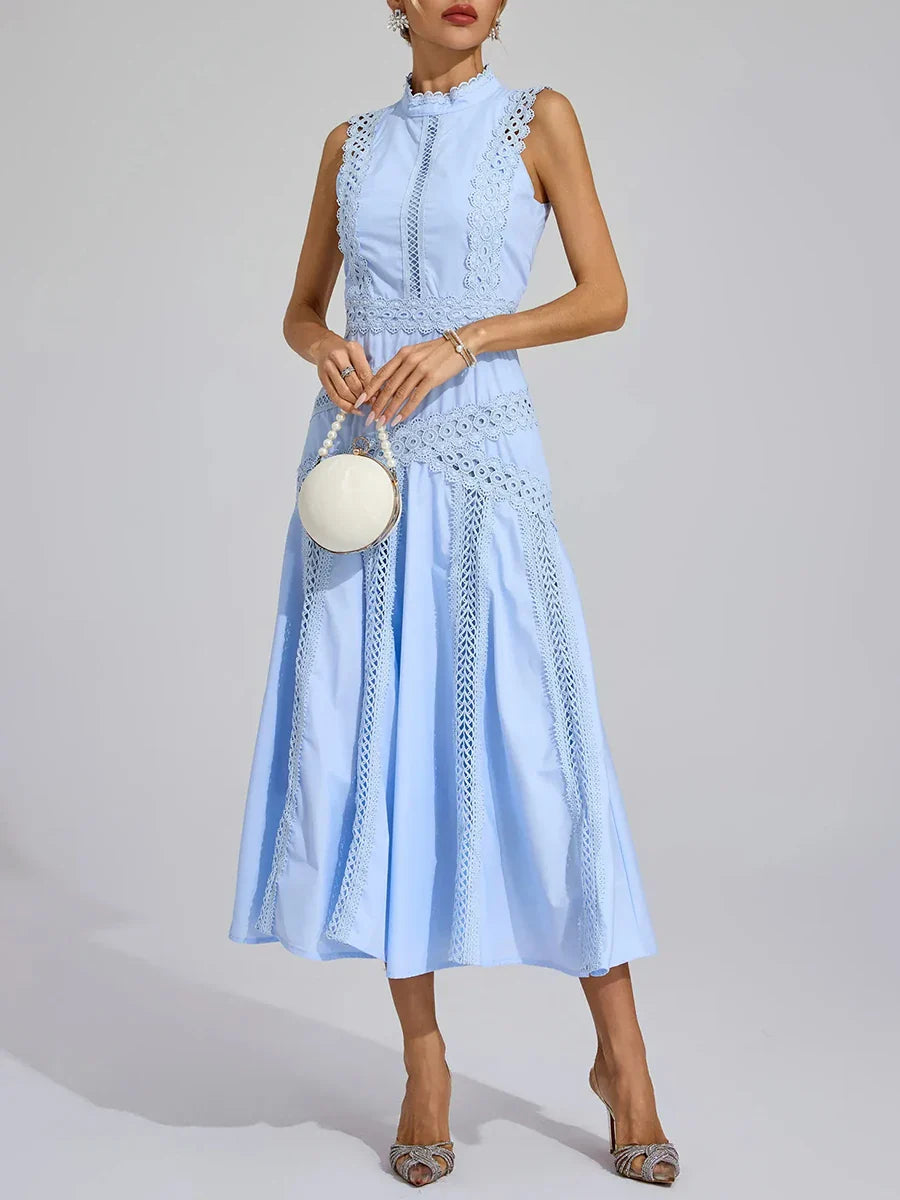 Solid Slimming Spliced Hollow Out Dresses for Women Round Neck Sleeveless Patchwork Lace Dress Female Clothing New