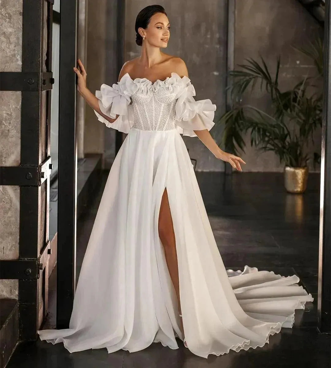 Exquisite Wedding Dresses A-Line Boat Neck Bridal Gowns Ruched Satin Robes For Formal Party High Split Vestidos De Novia 14W