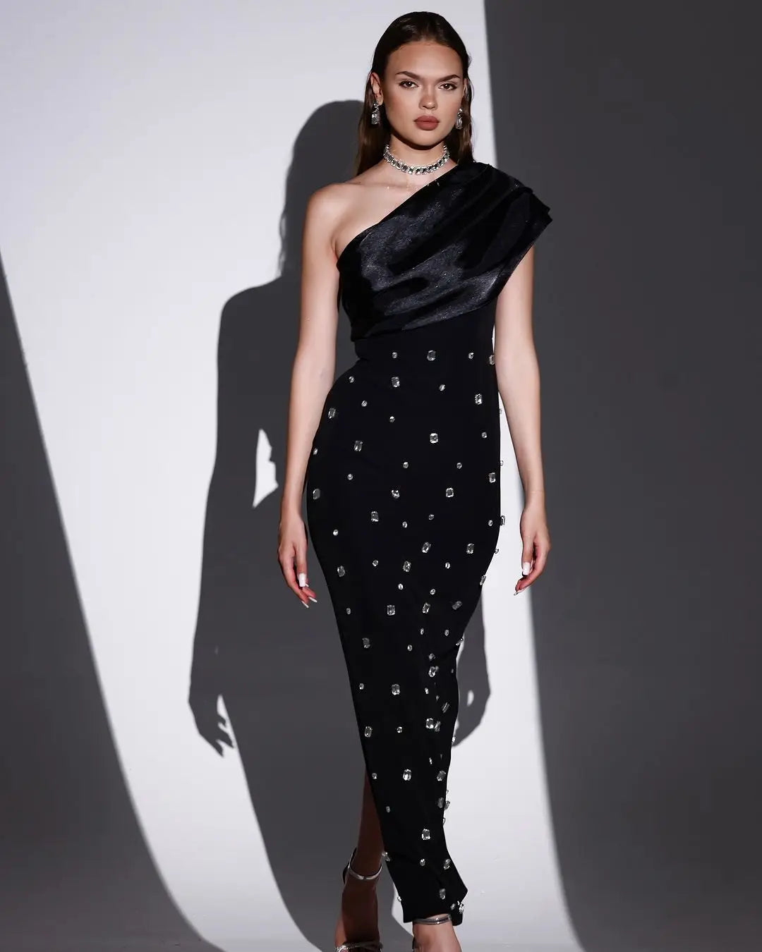 New 2 Colors Shining Diamonds Oblique Shoulder Ankle Length Bandage Dress Graceful Woman Party Dress Celebrity Party Vestido