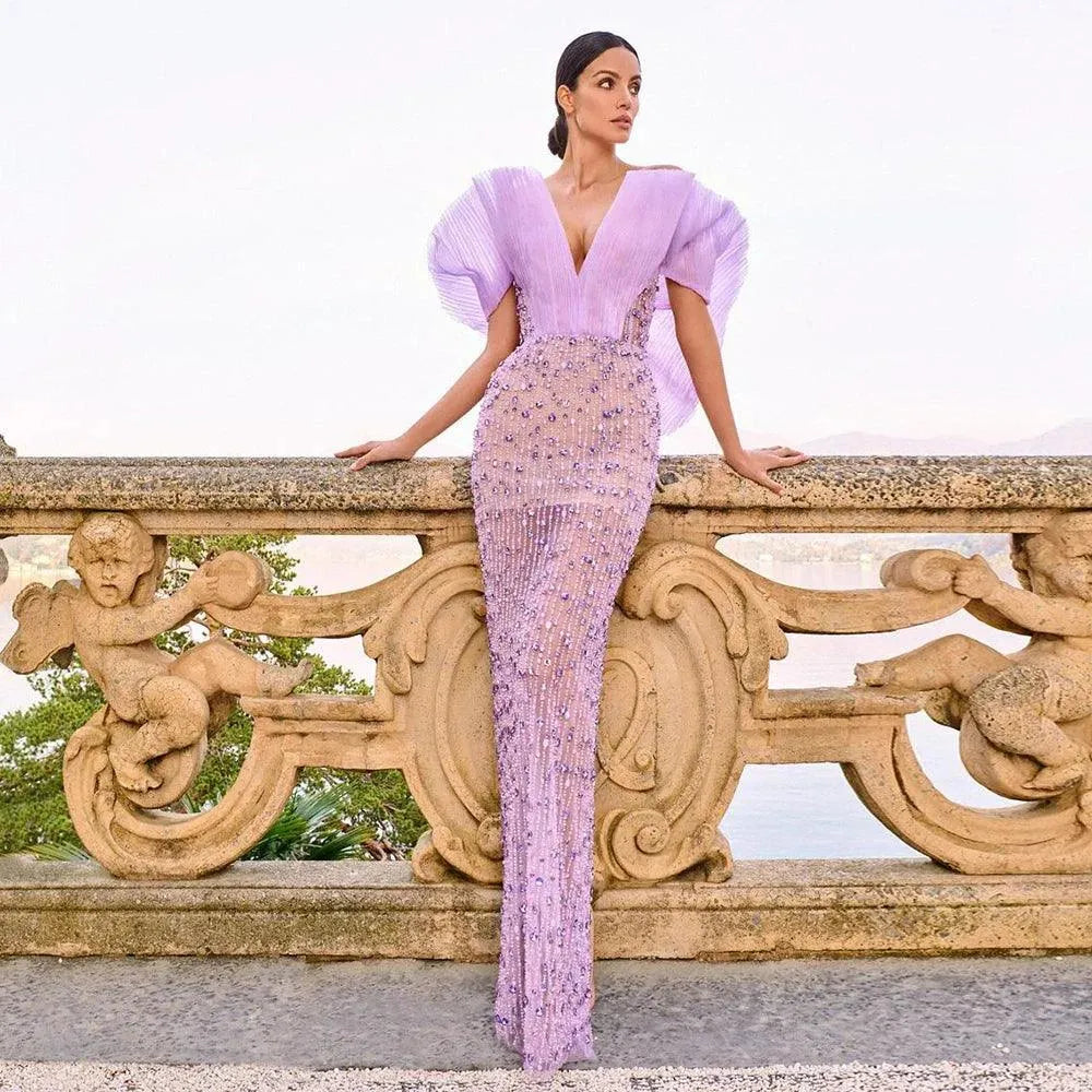 Luxury Dubai Lilac Long Evening Dress for Women Wedding Party Elegant Off Shoulder Arabic Formal Prom Gown Evening Dress