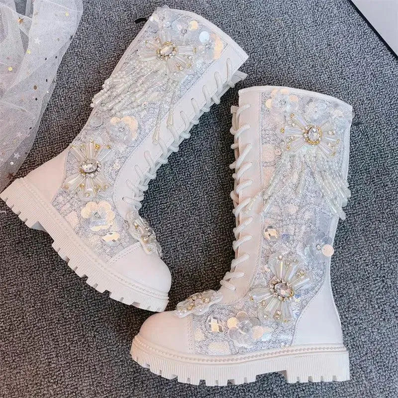 Princess Pearls High Tops Children Canvas Shoes for Kids Sneakers Breathable New Spring Fashion Toddler Girls Casual Flats