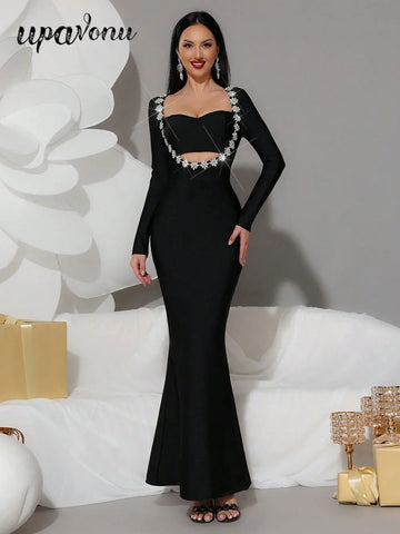 2025 Women's Light Luxury Nail Diamond Design Fishtail Bandage Dress Strapless Long Sleeve Hollow Bodycon Black Long Dresses