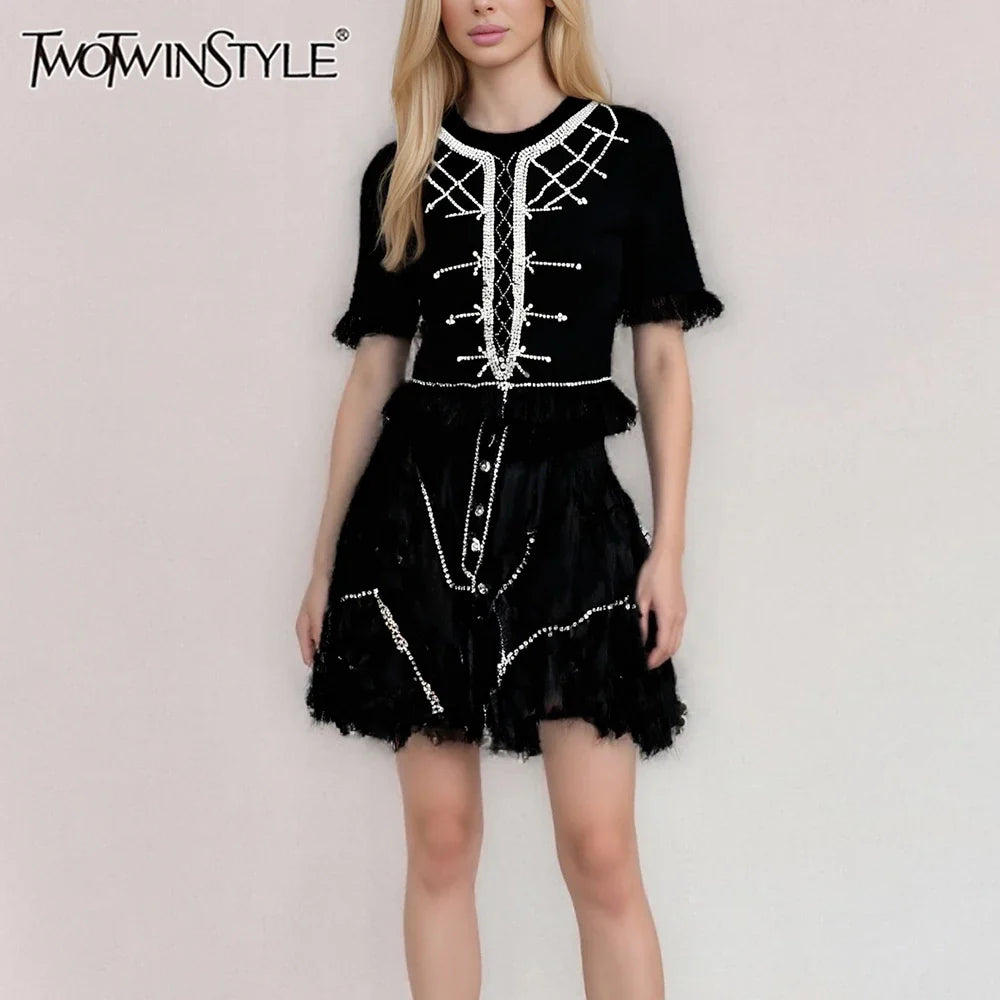 Slimming Spliced Diamond Elegant T Shirts for Women Round Neck Short Sleeves Patchwork Tassels Tees Femlae Fashion