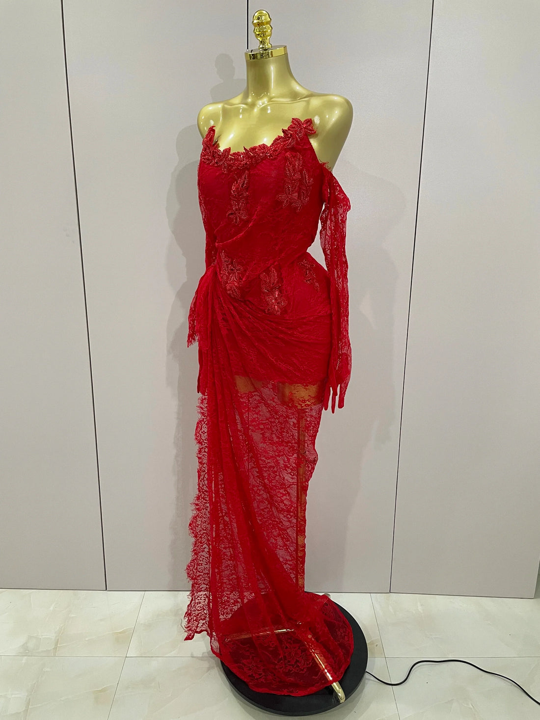 Women Sexy Strapless Backless Red Lace Split Maxi Long Bodycon Dress  Celebrity Elegant Evening Club Birthday Party Outfit