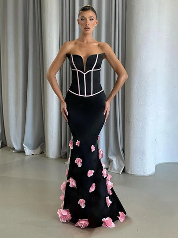Sexy Off Shoulder 3D Flowers Bandage Mermaid Dresses Womens Strapless Evening Party Formal Long Dress Birthday Prom Vestidos