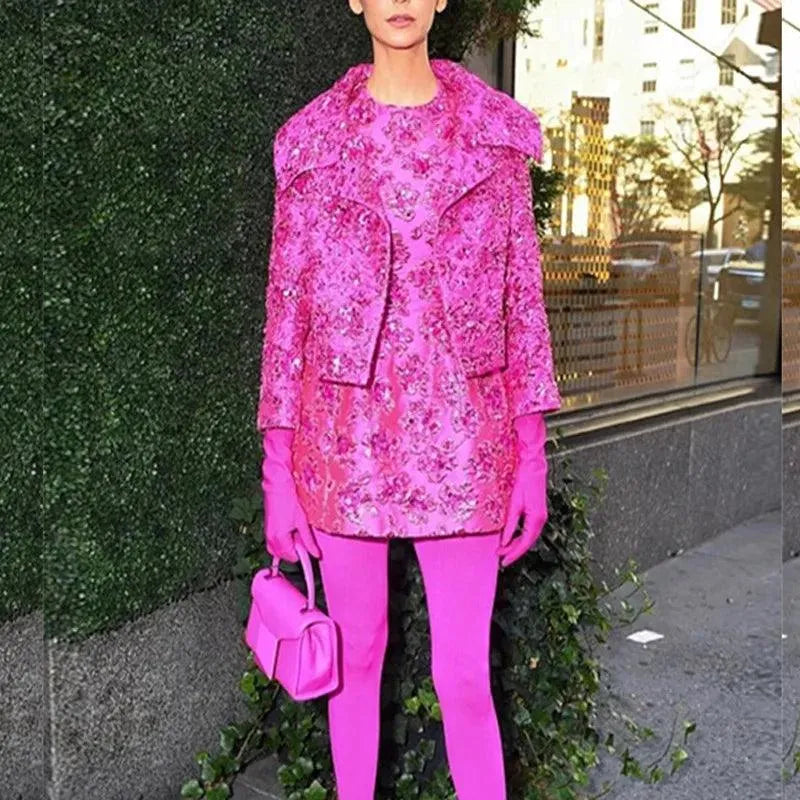 A niche heavy industry light luxury slim fitting short sleeved dress with exquisite and luxurious feel. New autumn dress Fuchsia