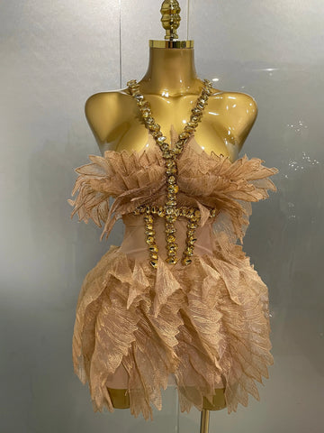 Sexy Shining Gold Crystal Transparent Wings Mini Dress  Women Birthday Party Bar Nightclub Singer Stage Performance Costume
