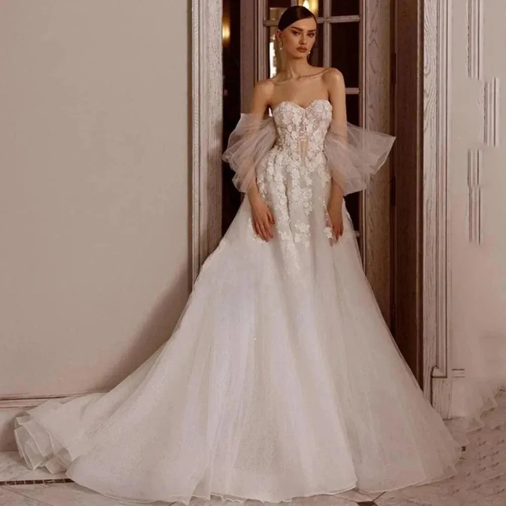 KapokDressy Elegant Strapless Wedding Dresses Lace Appliques A-Line Tulle Robes Floor Length Bridal Gowns Vestidos De Novia