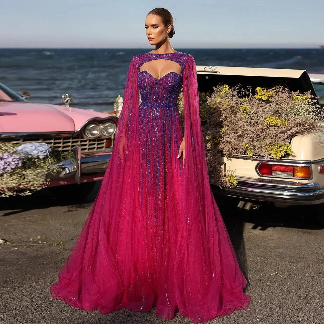 Luxury Dubai Fuchsia Evening Dress with Cape Sleeves Emerald Green Arabic Women Wedding Party Dresses Fuchsia Evening Dress