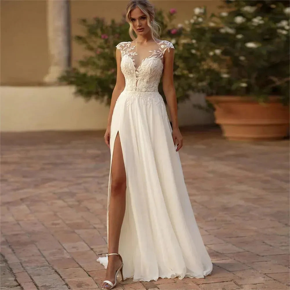 Elegant Boho Lace Wedding Dress Chiffon O-Neck Illusion Back Beach Side Split Applique Bridal Party Gown Vestidos De Novia Boho