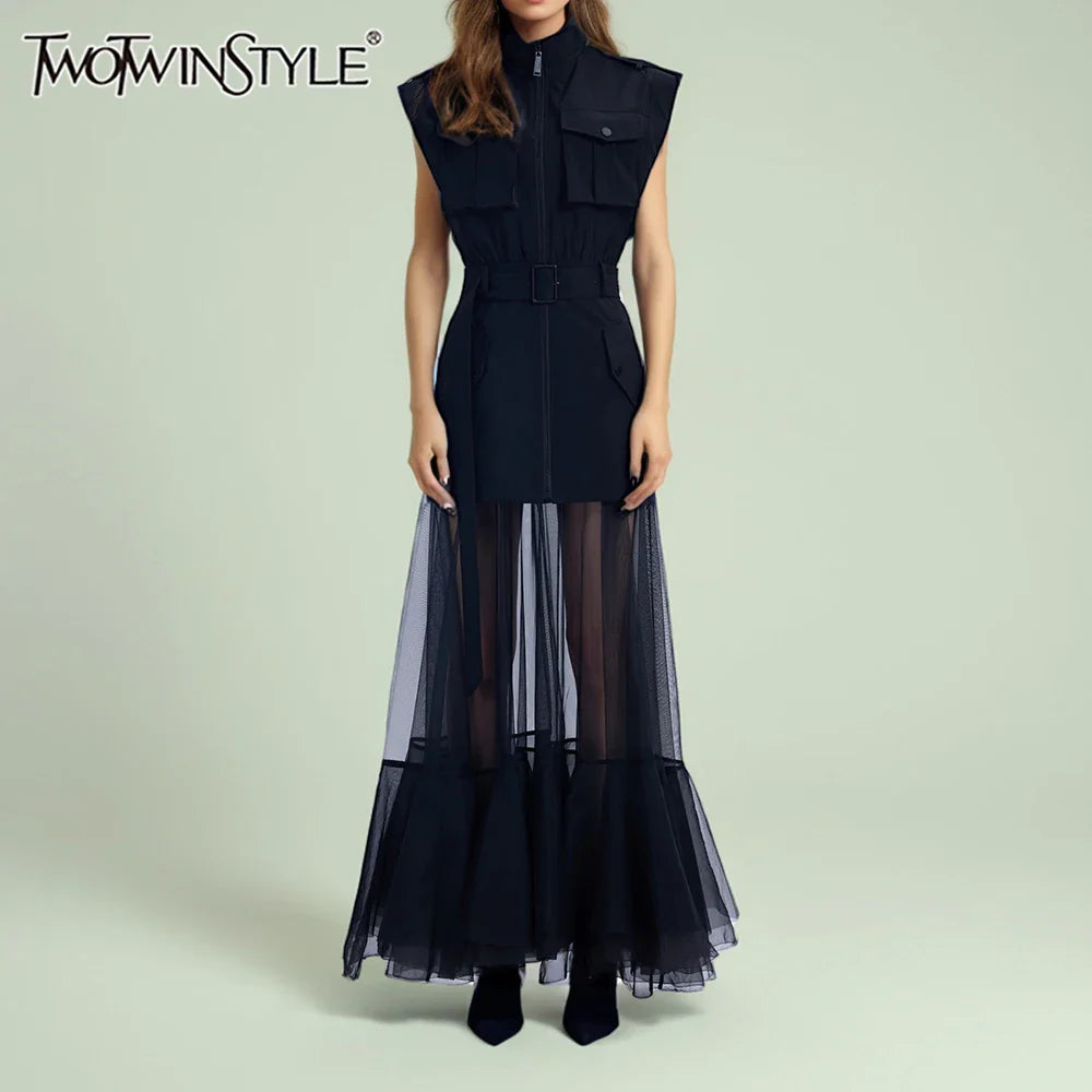 Solid Sheer Spliced Mesh Folds Dress for Women Round Neck Sleeveless Patchwork Zipper elegant Dress Female Fashion