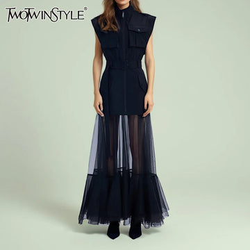 Solid Sheer Spliced Mesh Folds Dress for Women Round Neck Sleeveless Patchwork Zipper elegant Dress Female Fashion