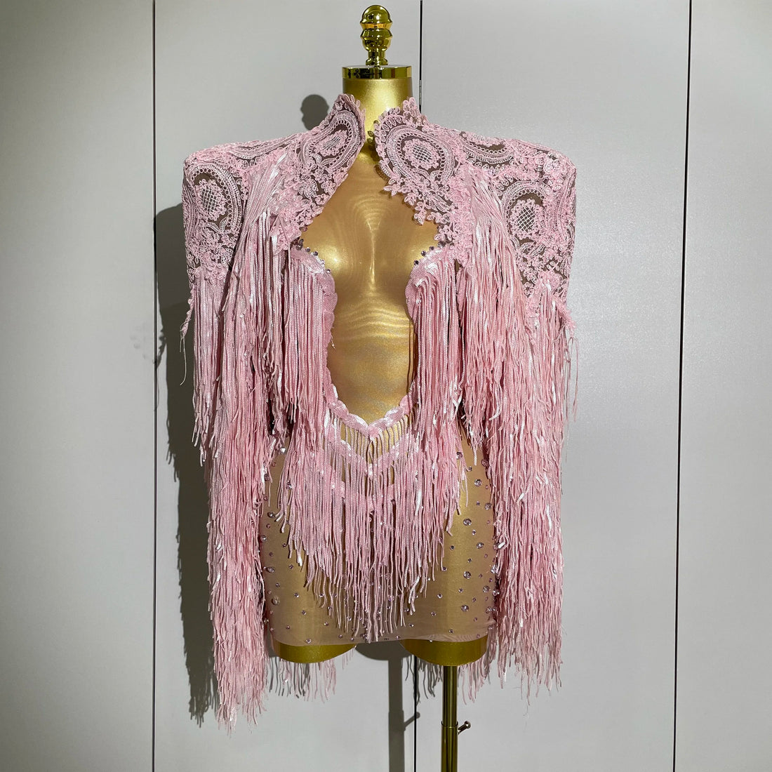 2025Luxury Sparkly Rhinestone Sequin Tassel Coat Skirt 2Pcs Women Birthday Party Nightclub Stage Performance Costume