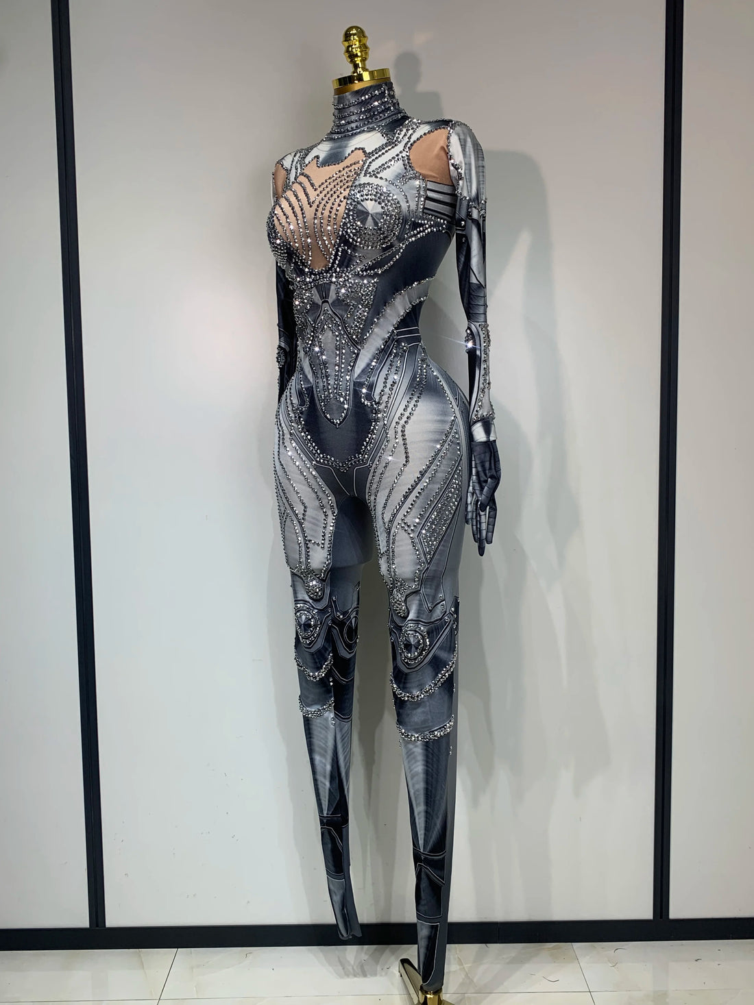 2025 Sexy Stretchy Performance Dance Nightclub Rompers Singer Stage Wear Sparkly Rhinestones Jumpsuit Gloves for Women Costume