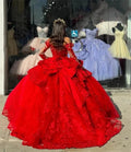 Quince Dress | Shiny Red Quinceanera Dresses with Big Bow Boat Neck Beading Lace Appliques Vestidos De 15 Anos Birthday Party