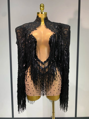 Rhinestones Tassels Mini Dress Suit Luxury Women Sexy See Through Mesh Party Club Dresses Performance Stage Outfit